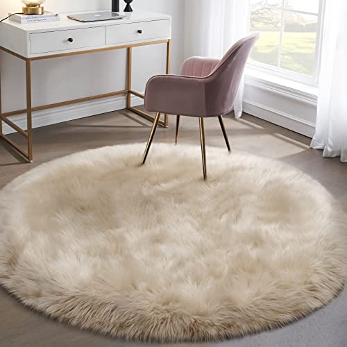 Fluffy Round Rug for Kids Room Beige Circle Faux Fur Area Rug for Bedroom, 4x4 Fuzzy Shag Rugs Furry Nursery Rug Teepee Mat, Circular Plush Floor Carpet - color: Beige, size: 4' (Round)