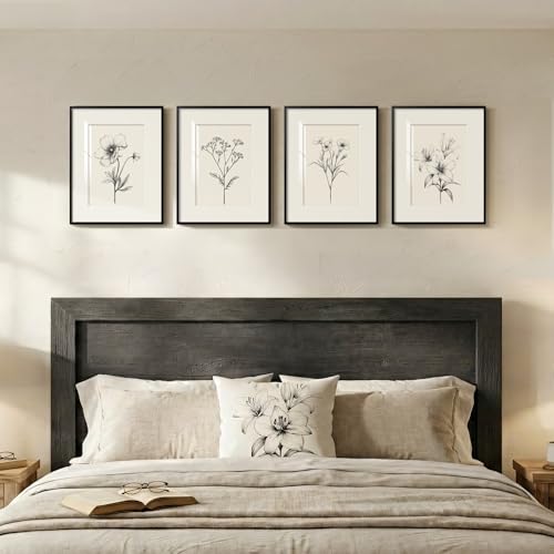 Framed Black and White Botanical Wall Art, Set of 4 Piece Vintage Minimalist Neutral Floral Prints Painting, Farmhouse Rustic Flower Artwork for Bedroom Living Room Fireplace Kitchen Walls, 11x14 Inch - color: Black and White, size: 11" W x 14" H x 4pcs