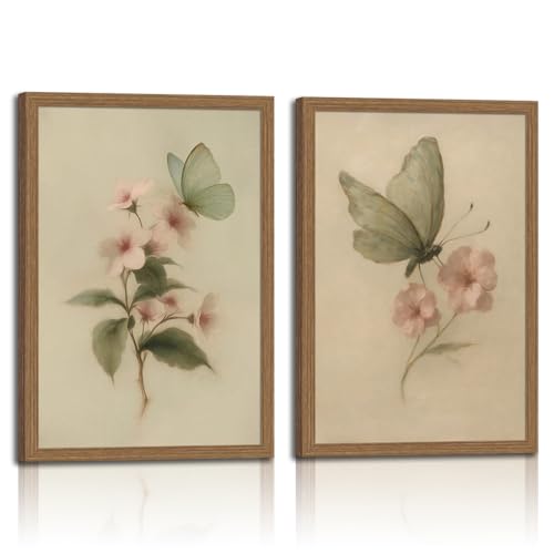 2pcs Vintage Butterfly Floral Framed Canvas Wall Art Antique Botanical Prints With Retro Butterfly And Pink Flower Oil Painting Decor For Living Room Bedroom Office 16x24in - color: Retro butterfly flower, size: 16x24in
