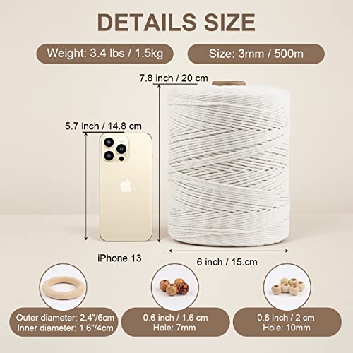 Macrame Cotton Cord 3mm x 547yds, ZUEXT Natural Handmade Beige White Braided Cords 4 Strands Knitted Rope String for Craft Wall Hanging Weaving Tapestry Dream Catchers Hanger DIY Gift (500m) - color: Beige White, style: 3mm x 500m