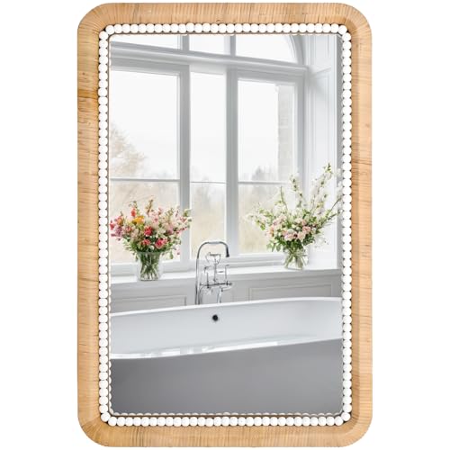 FUIN 30x20 Inch Rattan Wall Mirror with White Bead Trim, Handmade Boho Bathroom Vanity Mirror, Natural Rectangular Hanging Mirror for Bedroom, Living Room, Entryway, Vertical or Horizontal Mount - color: Natural Rattan With White Beads, size: 30"L x 20"W