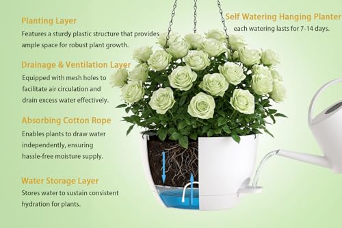 Hanging Planters, 3-Pack 10 Inch Self-Watering Pots with Drainage Holes and Chains, Matte Plastic Planters for Indoor/Outdoor Plant（White） - color: White, size: 10 inches