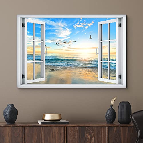 wall26 Canvas Print Wall Art Window View Birds Flying Sunset Ocean Beach Horizon Wilderness Nature Photography Realism Scenic Landscape Colorful Multicolor for Living Room, Bedroom, Office - 12"x18" - color: A001-2204-slm05, size: 18"L x 12"W