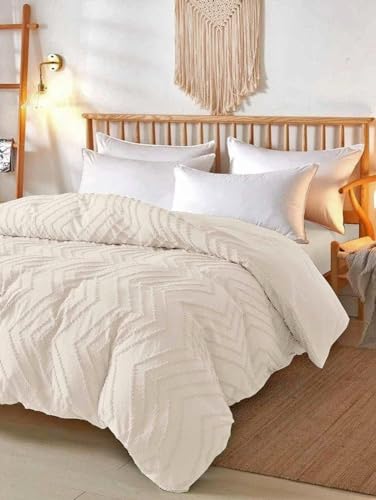 Nanko Beige Duvet Cover Queen Size, 3pc Boho Tufted Microfiber Bedding Comforter Cover Set, All Season Aesthetic Shabby Chic Soft Embroidery Textured Geometric Quilt Cover (90x90) - color: Cover(not Comforter)-beige Tufted, size: Queen