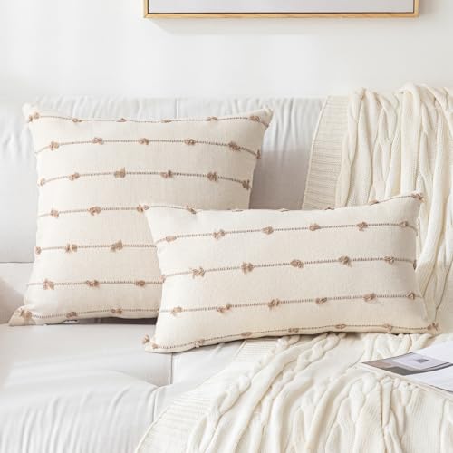 YEENAASY Boho Throw Pillow Covers 12x20 Set of 2 Modern Farmhouse Decorative Cushion Case Tufted Square Pillows Cover Neutral Pillow Cases Accent Pillowcase for Sofa,Couch,Bed,Beige and Khaki - color: Beige and Khaki, size: 20" x 12" (Pack of 2)