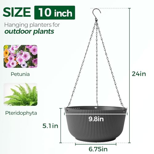 T4U 10 Inch Hanging Planters for Indoor Outdoor Plants, Hanging Plant Pot Pack of 2, Self Watering Hanging Pots with Drainage Hole & Plug & Chain with 3 Hooks for Garden Home Decor, Grey - color: Gray, size: 10 inch