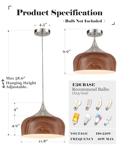 ELYONA Bauhaus Pendant Light Wooden Pattern Dome Pendant Light Fixture Brushed Nickel Metal Modern Adjustable Hanging Lighting for Kitchen Island Dining Room Office Hallway Foyer Bedroom, 12 Inch - color: Brushed Nickel & Wooden