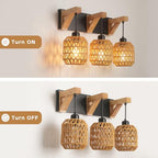 3-Light Bathroom Vanity Light Fixtures, Rustic Style Rattan Bathroom Wall Sconce with Handmade Bamboo Woven Boho Wicker Lampshade, Farmhouse Wooden Bracket, Suit for Stairway Bedroom and Hallway - color: 3-Light
