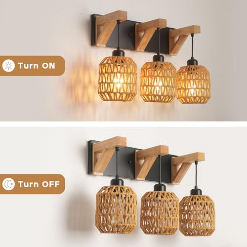 3-Light Bathroom Vanity Light Fixtures, Rustic Style Rattan Bathroom Wall Sconce with Handmade Bamboo Woven Boho Wicker Lampshade, Farmhouse Wooden Bracket, Suit for Stairway Bedroom and Hallway - color: 3-Light