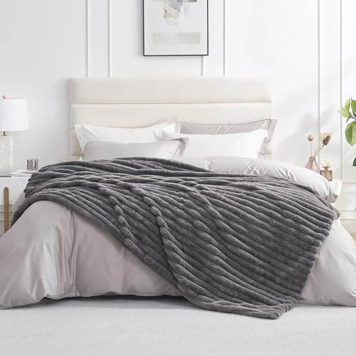 Amélie Home Faux Fur Throw Blanket for Couch, Cozy Fuzzy Fluffy Fur Luxurious Soft Striped Plush Gift Blankets for Family Sofa Chair Bedroom, 60"x80", Charcoal Grey - color: Striped Charcoal Gray, size: Twin(60"x80")
