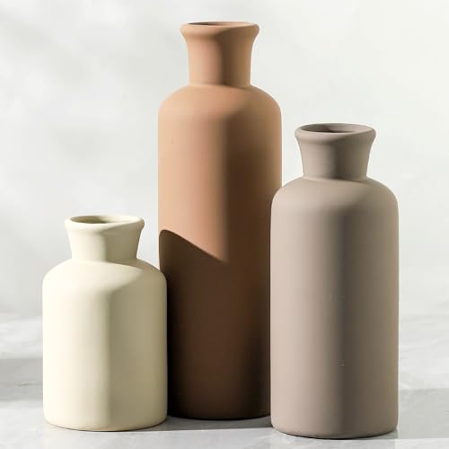 Ceramic Vase Set of 3, Flowers Neutral Modern Vases Home Decor Rustic Farmhouse Decor Pampas Vase for Table Mantel Entryway Shelf Living Room Kitchen Bathroom - Brown - color: 007-brown