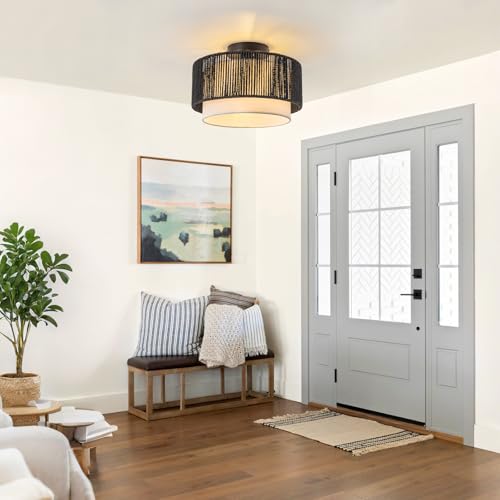SineRise 12'' Rattan Flush Mount Ceiling Light Fixture,2-Tier Drum Hand-Woven Boho Flush Mount Ceiling Light,Farmhouse Light Fixture for Living Room,Kitchen,Bedroom Foyer Entryway ect.（Black） - color: Black, size: Small Ceiling