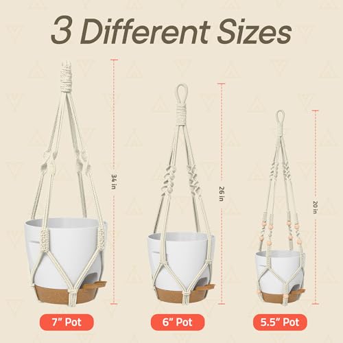 White Hanging Self Watering Pots with Macrame Ivory Rope, 3 Pack Indoor & Outdoor Hanging Plant Pots with Built-in Reservoir, Wick Rope, Drainage Holes & Hooks, Stylish Boho Decor Hanging Planter - color: White