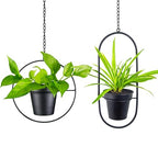 Modern Metal Hanging Planters Set of 2 - Round and Oval Geometric Plant Hangers with 5 Inch Pots - Black Wall and Ceiling Mount Flower Holders for Indoor and Covered Outdoor Décor - size: CIRCLE +OVAL - 5 INCH POT