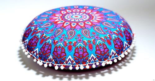 Round Mandala Floor Pillow Cover Seating Cushion Throw Cover Ottoman Pouf Cover Pom Pom Pillow Cases Hippie Decorative Bohemian Boho Indian 22 Inches (Purple Blue) - color: Purple Blue