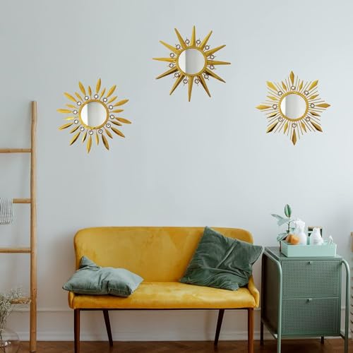 Champagne Gold Round Mirrors for Wall Art Pack of 3, Decorative Mirror Wall Valentine Decor& Vintage Room Decor, Sunburst Circle Mirrors Modern Valentine Gifts for Women & Moms - color: Golden- a