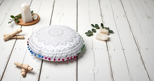 CRAFT KALA Boho Large Floor Pillow Pouf Cover Mandala Meditation Room Pillow Cover for Adults Round Bohemian Seating Pouf Cushion Cover for Kids Playroom 22" Silver Matellic Ombre - color: Silver Matellic, size: 22" x 22" (Pack of 1)
