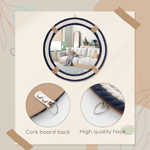 Vercraft Nautical Coastal Mirror 24 Wall Decor with Rope Wrapped Trim and Hanging Loop Round Circle Nursery Mirror Nautical Boho Rustic Decorative for Living Room, Bedroom Blue and White - size: 24"L x 24"W
