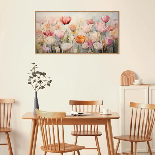 HPNIUB Large Nature Wildflowers Framed Wall Art Pink Floral Canvas Oil Painting Modern Aesthetic Wall Decor Abstract Flower Artwork for Living Room Bedroom Decor -20"x40" - color: Pink Wildflowers Wall Art, size: 40"L x 20"W