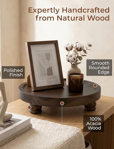 Demigo 10" Acacia Wood Round Tray - Dark Brown Pedestal Stand - Farmhouse Countertop Organizer, Multi-Purpose Display Riser Board for Soap, Perfume, Candles, Kitchen, Bathroom (10x2.5 Inch) - color: Dark Brown