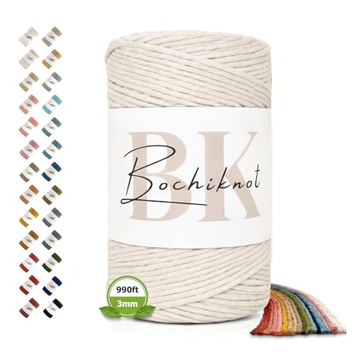 BOCHIKNOT Single Strand Macrame Cord 3mm x 330yds (300m) – Soft Cotton Macrame Rope for Beginners, Easy to Knot for Wall Hangings, Plant Hangers, Fringe and DIY Crafts (Natural) - color: Natural, size: (3mm x 302m) - Single Strand Twist