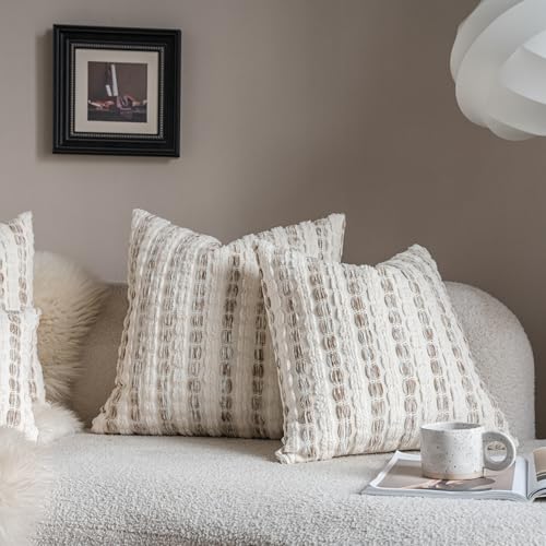 Caflife Boho Throw Pillow Covers 20x20 Inch Set of 2, Farmhouse Beige Striped Textured Chenille Decorative Couch Pillow Cases, Modern Rustic Accent Cushion Covers for Sofa Bed Living Room Bedroom - color: Beige, size: 20" x 20" (Pack of 2)