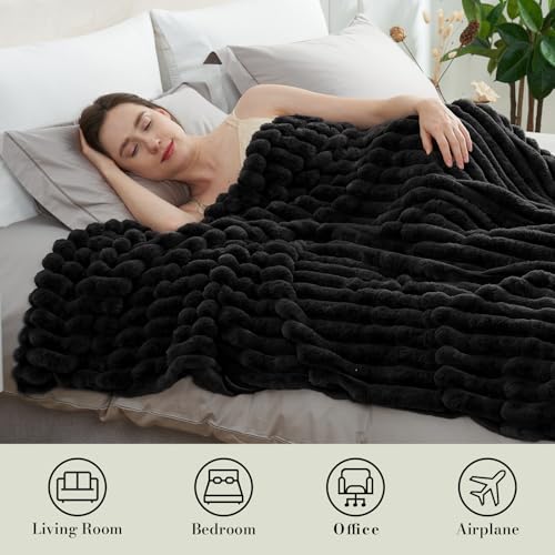 Amélie Home Faux Fur Throw Blanket for Couch, Cozy Fuzzy Fluffy Fur Luxurious Soft Striped Plush Gift Blankets for Family Sofa Chair Bedroom, 55"x70", Black - color: Striped Black, size: Throw(55"x70")