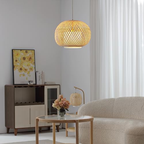 FOS -Modern Bohemian Natural Woven Bamboo + Linen Pendant Light, Dimmable, and Decorative Brushed Brass Components - Perfect for Ambient Lighting in Bed Room, Dining Room, Living Room - color: Fos -1 Light