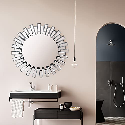 BST FURNH Round Mirror Wall Decor 24 Inches Decorative Wall Mirror with Irregular Framed and Beveled Edge Mirrors for Wall Silver Large Wall Mirror Frameless Mirrors - color: 3d Mirror