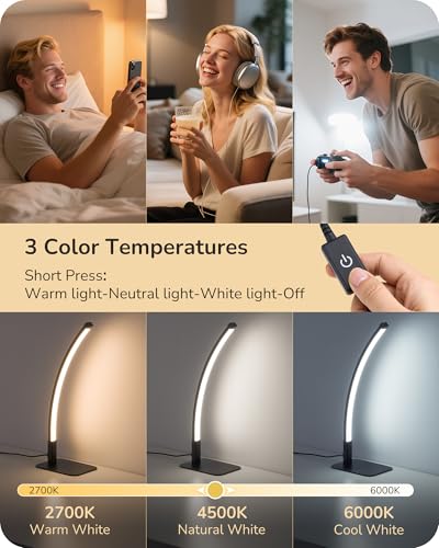 EDISHINE Curved LED Table Lamp, Modern Bedside Lamp with 3 Color Temperature & Stepless Dimming, Aluminum & Iron, Nightstand Lamp for Bedroom, Living Room, Black - color: Black