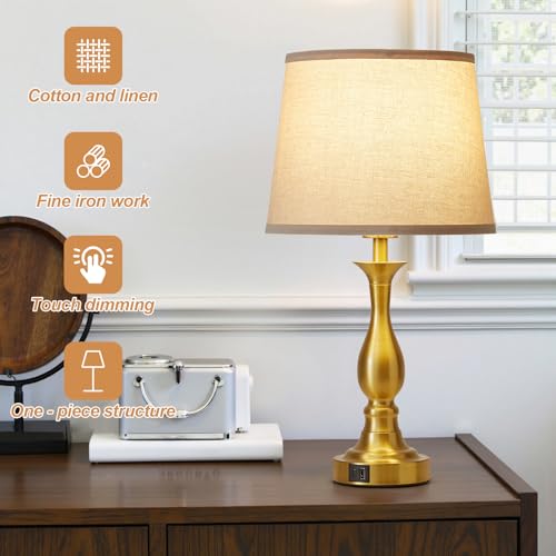 Bedside Table Lamp Touch Control Bedroom Lamps with USB A and C Charging Port 3 Way Dimmable Touch Lamps for Nightstand Living Room Bedroom Dorm Home Office Reading, Set of 2 - color: Gold