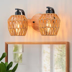 2-light Bathroom Lights Over Mirror,Rattan Vanity Light Fixtures,Farmhouse Boho Wall Sconce with Woven Cage,Rustic Boho Wall Mounted Light Wooden Vanity Lighting for Bedroom Living Room Hallway Foyer - color: 2light-Drum shade