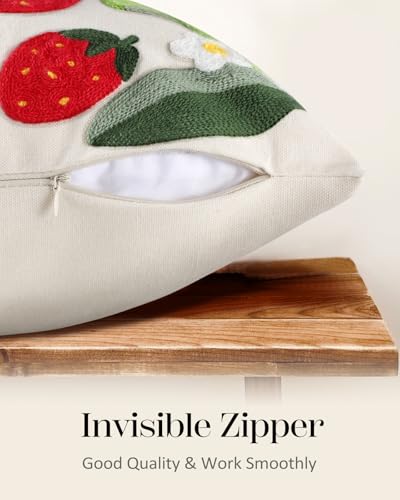Embroidered Throw Pillow Cover - 18x18 Decorative Pillow Cover with Zipper Aesthetic Cute Design Boho Spring Summer Throw Pillowcase for Living Room Couch Sofa Bed, Leaf Strawberry - color: Leaf Strawberry, size: 18" x 18" (Pack of 1)