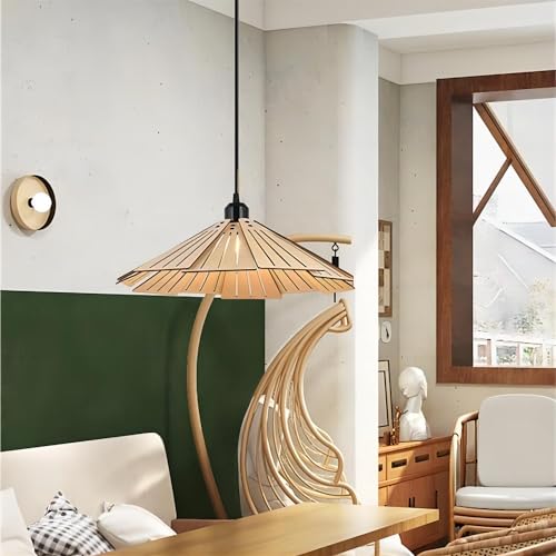 LIGHTLAND 16 Inch Wabi-Sabi Style Pendant Light, Wooden Hanging Light with Adjustable Hanging Length, Hanging Lamp for Bedroom, Dining Room, Bar - Hollowed, Wood Color, Pack of 1 - color: 16 Inch, Hollowed, Wood Color