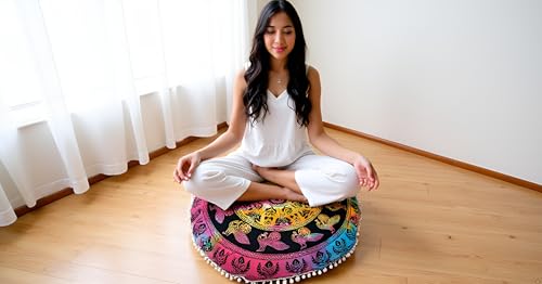 CRAFT KALA Large Hippie Floor Pillow Cover Mandala Meditation Cushion Case Pouf Cover Round Poufs Cover Bohemian Floor Cushion Cover Outdoor Fireplace Yoga Living Room Decor 32" Multi-Color Peacock - color: Multi-color Peacock
