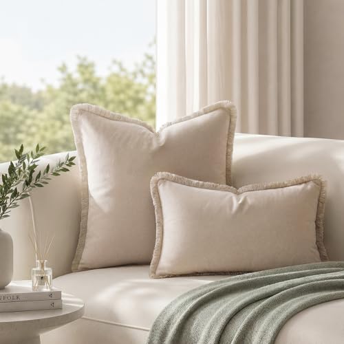 HOMEIDEAS Neutral Beige Velvet Throw Pillow Covers 18x18 Set of 2, Luxury Decorative Pillow Covers with Short Fringe Tassels, Modern Farmhouse Boho Cushion Covers for Sofa Couch Bed Home Decor - color: Beige, size: 18" x 18" (Pack of 2)