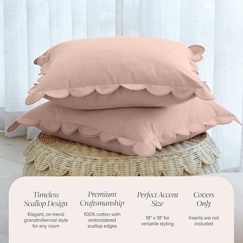 BEBE BASK Scalloped Pillow Cover - Set of 2-18 x 18 Inch - Scallop Pillow Cover - Pink Scalloped Pillows - Scallop Pillows - 100% Cotton - Grandmillennial Style (Peach Pink/Peach) - color: Peach Pink/Peach