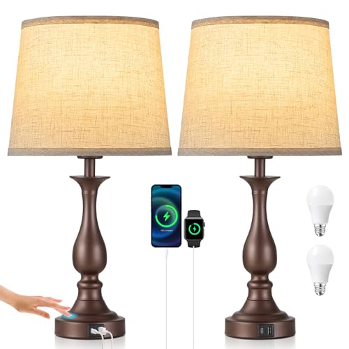Bedside Table Lamp Touch Control Bedroom Lamps with USB A + C Charging Port 3 Way Dimmable Touch Lamps for Nightstand Living Room Bedroom Dorm Home Office Reading, Set of 2 (Beige Shade & Brown Base) - color: Beige Shade & Brown Base