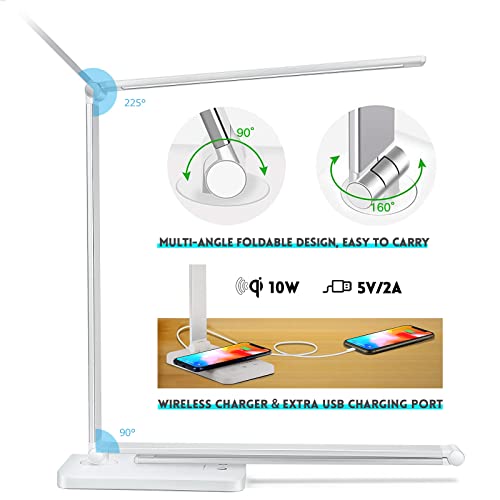 LED Desk Lamp with Wireless Charger, USB Charging Port, Desk Light with 10 Brightness, 5 Color Modes, Dimmable Eye Caring Reading Desk Lamps for Home Office, Touch Control, Auto Timer, White - color: White, size: PRO