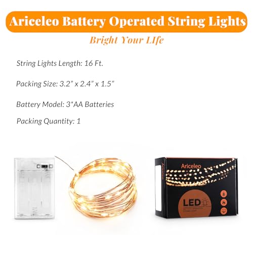 Ariceleo Led Fairy Lights Battery Operated, 1 Pack Mini Battery Powered Copper Wire Starry Fairy Lights for Bedroom, Christmas, Parties, Wedding, Centerpiece, Decoration (5m/16ft Warm White) - color: Warm White, size: 1 Pack