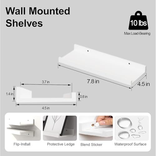 Small White Floating Shelves for Wall Decor, Wall Mounted Wood Shelf for Bedroom, Living Room, Bathroom, Kitchen, Nursery, Display Picture Ledge Shelf with Lip Set of 2-8 Inches, White - color: White, size: 7.8in
