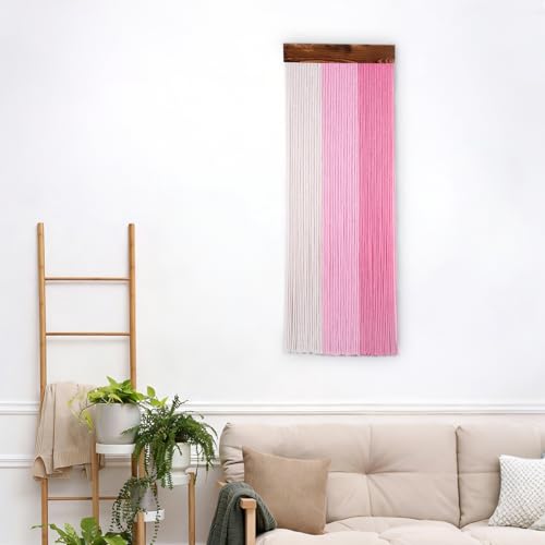 HVEST Pink Macrame Wall Hanging Boho Pink and Beige Wall Decor Handmade Woven Striped Macrame Wall Art for Living Room Bedroom Office Apartment Yoga Room Home Decor, 31.5L X 11.8W inches - color: Pink