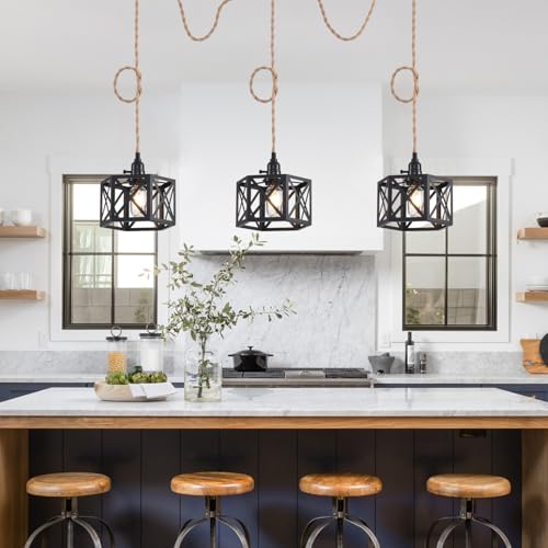 3 Light Plug in Pendant Light Rattan Hanging Lights with Switch 22FT Industrial Ceiling Light,Plug in Cord with Woven Hemp Rope Lamp Shade, Hanging Lamp Cord Farmhouse Cable DIY - color: 3 Light Style A