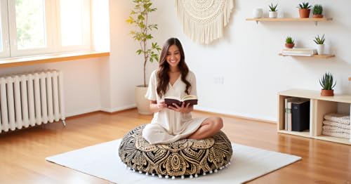 Round Mandala Floor Pillow Cover Seating Cushion Throw Cover Hippie Decorative Bohemian Ottoman Pouf Cover, Pom Pom Pillow Cases,Boho Indian 32 Inches Matellic Gold Flower - color: Metallic Gold, size: 32" Round