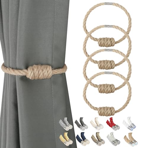 BEL AVENIR Magnetic Jute Curtain Tiebacks, Decorative Drapery Holdbacks Bohemian Style Woven Tie-Backs with Exquisite Knot (Jute, 4 Pack) - color: Jute, size: 4 Pack