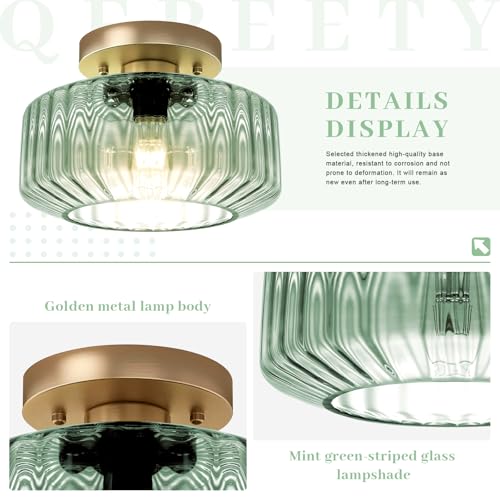Sage Green Ribbed Glass Semi-Flush Mount Ceiling Light, 8.66" Mid-Century Modern Gold Light Fixture, E26 Base 1-Light Ceiling Lamp for Bedroom Bathroom Kitchen Hallway - color: Small, 8.66" Mint Green