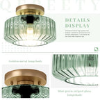 Sage Green Ribbed Glass Semi-Flush Mount Ceiling Light, 8.66" Mid-Century Modern Gold Light Fixture, E26 Base 1-Light Ceiling Lamp for Bedroom Bathroom Kitchen Hallway - color: Small, 8.66" Mint Green