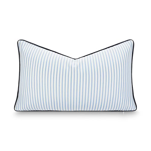 Hofdeco Premium Coastal Hampton Outdoor Performance Lumbar Pillow Cover Only, 12"x20" Water Repellent, UV and Fade Resistant for Backyard, Couch, Poolside, Azure Blue Indigo Woven Coastline Stripes - color: Azure Blue Indigo Coastline Stripes 12"x20"
