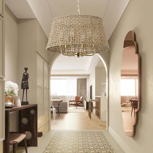 20" Rattan Large Boho Chandelier Ceiling Light Fixture, 6-Light Farmhouse Wicker Hand-Woven Chandelier Rattan Ceiling Pendant Light Fixture for Dining Room Bedroom Hallway Kitchen Island(Gold) - color: Gold 6-Light 20" T-Shape