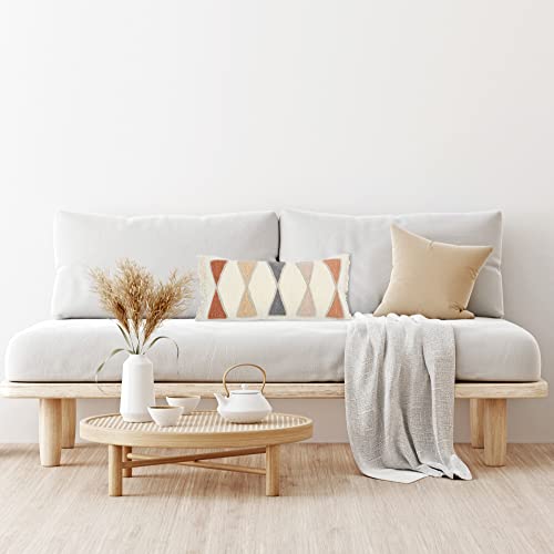 Bloomingville Embroidered Cotton Lumbar Pillow with Fringe, Terracotta Multicolor - color: Terracotta, Beige, Grey
